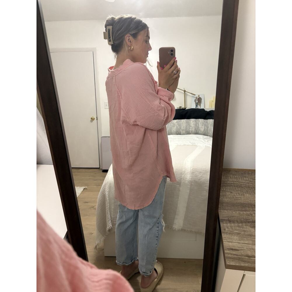 Aerie Pool-To-Party Cover Up Button Pink Size Small Oversized Lagenlook Beach - Picture 3 of 10